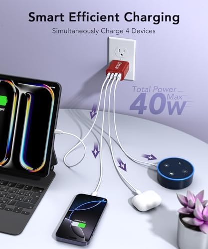 40 W USB C Multi-Device Fast Charger – 4-Port Power Adapter for i Phone & Samsung – Sleek Black Compact Travel Charger with Dual PD & QC Technology for Efficient Home and On-the-Go Charging Solutions – Perfect for Busy Professionals and Families