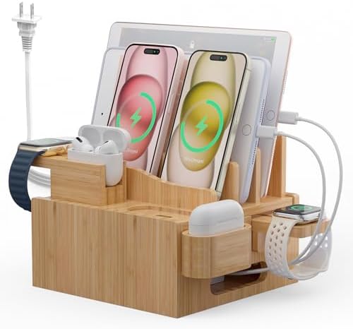 Eco-Friendly Bamboo Multi-Device Charging Hub by Pezin & Hulin – Elegant Docking Station for Phones, Tablets, Smartwatches & Earpods with 5 High-Speed USB Cables for Clutter-Free, Fast Charging Solutions in Home or Office