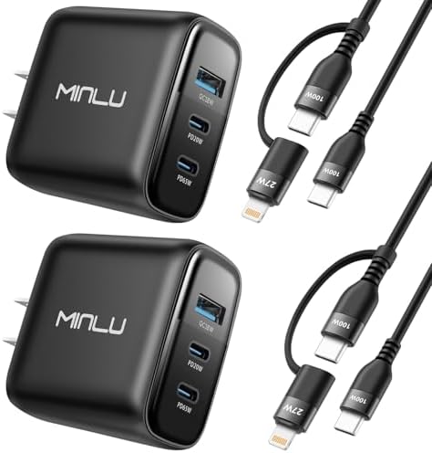 MINLU 65 W Ga N 3-Port USB-C Wall Charger with 100 W 2-in-1 Cable – Rapid Multi-Device Charging for Mac Book Pro/Air, i Phone 16/15, Galaxy S24 Ultra & More – Compact, Travel-Optimized Design for High-Efficiency Power Delivery – Ultimate Charging Solution for Home, Office, and On-the-Go
