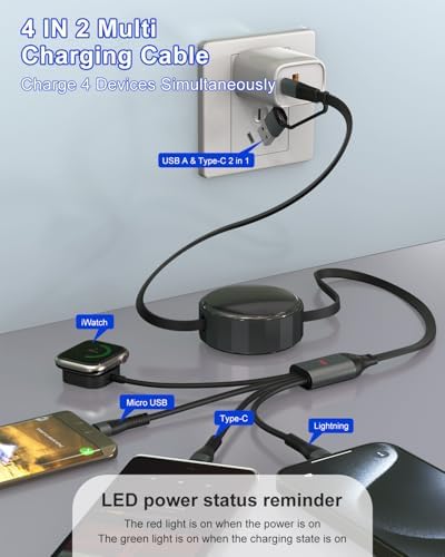 Ultimate 4-in-1 Retractable Charging Cable for Apple Watch – 100 W Fast Charging Solution with Lightning, Micro USB, Type C, and i Watch Ports for i Phone 16/15 & Galaxy Android – Compact, Tangle-Free Design for Effortless Portability and Versatile Power Management