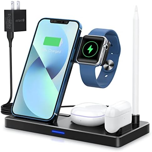 Ultimate WAITIEE 5-in-1 Wireless Charging Station for Apple Devices – Rapid Charge Dock for i Phone 13/12/11, All Apple Watch Models, Air Pods, and Apple Pencil – Elegant Black Finish with Enhanced Safety Features for Streamlined Charging Efficiency