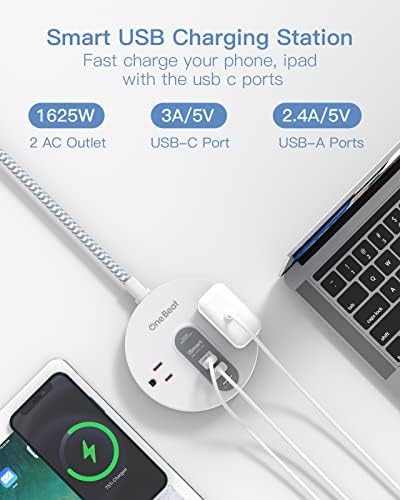 Compact Power Strip Surge Protector with USB-C Charging – 5 ft Flat Plug Extension Cord Featuring 2 AC Outlets & 3 USB Ports for Home, Office, and Travel – 490 J Surge Protection for Safe Device Charging and Efficient Organization
