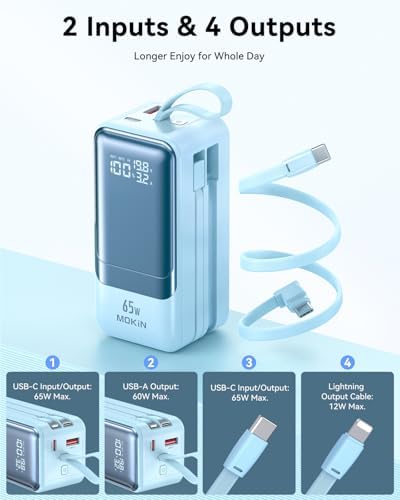 Ultra-Fast 65 W Portable Laptop Charger – 18400 m Ah Power Bank with Smart Display, Dual Built-in Cables, 4 Output Ports, Travel-Friendly Design for Mac Book, i Phone 15/14/13, i Pad, Samsung – Compact Power Solution for On-the-Go Charging