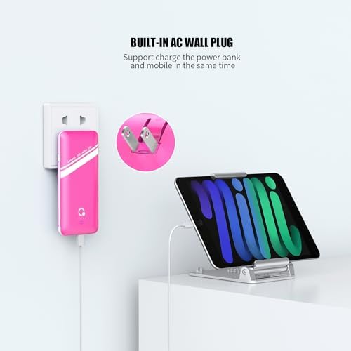 Sleek Pink 10000 m Ah Power Bank – Q Slim Portable Charger with Built-in AC Plug & Dual USB-C Cables for Rapid Charging – Four Output Ports for Universal Mobile Device Compatibility – Perfect for On-the-Go Power Solutions