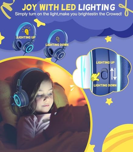 Kid-Friendly USB Type C Headphones with LED Lights – Safe Volume Limiter (85 d B/94 d B) for School Use, Foldable On-Ear Design for Comfort and Portability, Integrated Microphone for Learning and Gaming Fun – Perfect for i Pad and More