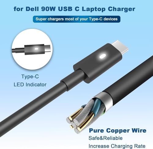 High-Power 90 W USB-C Laptop Charger: Universal Compatibility for Dell, HP, Lenovo, and More – Fast Charging AC Adapter for Precision 3540, XPS 13, Latitude Series, and Versatile Device Support – Reliable Power Supply with 12-Month Warranty for Enhanced Performance and Efficiency