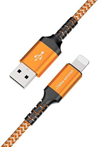 Apple C89 MFi Certified 7-Foot Lightning to USB-A Braided Charging Cable for i Phone 14/13/12/11 Pro, Max, Mini, SE, XS, XR, 8/7/6 Plus, i Pad & Air Pods – Durable, Fast Charging & Stylish Orange/White Design for Enhanced Compatibility
