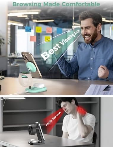 All-in-One Wireless Charging Station for Apple Devices – 15 W Fast Qi-Certified Mag-Safe Charger for i Phone 16, 15, 14, 13, 12, Apple Watch & Air Pods – Adjustable Viewing Angle, Ideal Gift for Women – Enhance Your Charging Efficiency and Style