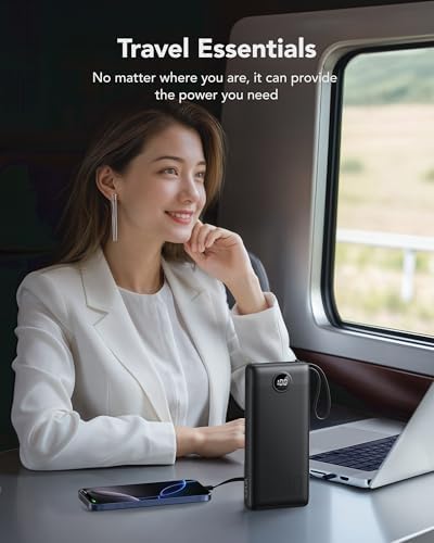 Ultimate 20000 m Ah VRURC Portable Charger with Built-in Cables – Fast Charging Power Bank for Travel, PD & QC 3.0 Compatible, 4 Output Ports & Dual Input, Ideal for i Phone, Samsung, Android Devices – Compact & Durable Battery Pack for On-the-Go Power