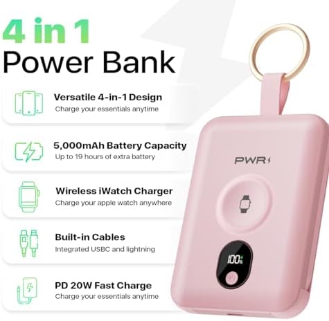 Versatile PWR Versa 4 in 1 Portable Charger for Apple Watch – 5000 m Ah Wireless Power Bank with Built-in Cables and Travel Keychain – Fast Charging, Enhanced Device Compatibility, and Durable Design for On-the-Go Power Solutions