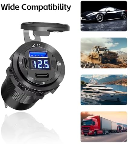 Upgrade Your Charging Game with the 12 V Waterproof USB Outlet – 3-Port Fast Charger Featuring PD3.0 & QC3.0 for Cars, Boats, RVs, and More – Durable Aluminum Alloy Design with Integrated Switch & Voltmeter for Ultimate Convenience and Performance