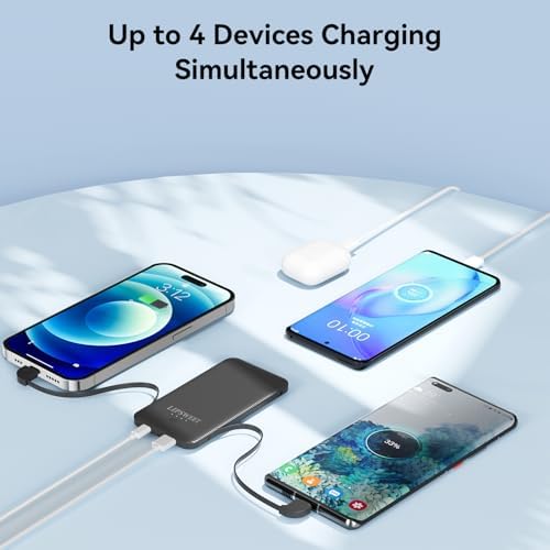 Mini 5000 m Ah Portable Power Bank with Integrated Cables and AC Plug – USB-C Fast Charging for i Phone & Android Devices – Ultra-Compact External Battery for On-the-Go Lifestyle – Essential Tech Accessory for Seamless Connectivity