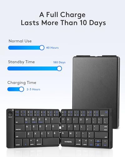 Samsers Portable Foldable Bluetooth Keyboard – Ultra Slim Wireless Keyboard with Stand for i OS, Android & Windows Devices – Rechargeable Multi-Device Travel Keyboard for Effortless Typing on the Go – Sleek Black Design
