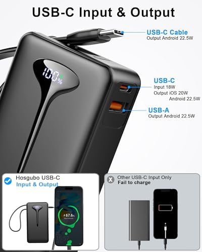 High-Capacity 10000 m Ah USB-C Power Bank with 22.5 W Fast Charging – Travel-Ready Portable Charger Featuring Built-in Cables, Triple Output Ports & HD LED Display for Efficient Device Charging on the Go