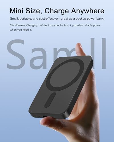 Miady Ultra-Lightweight Mag Safe-Compatible Mini Power Bank – 5000 m Ah Slim Rechargeable Charger with Strong Magnetic Attachment for i Phone 12/13/14/15/16 – Fast USB-C Recharging & Reliable Wireless Charging with Battery Level Indicators for On-the-Go Convenience