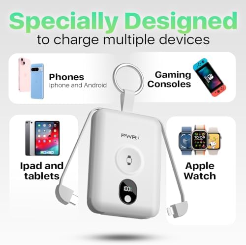 Versatile PWR Versa 4 in 1 Portable Charger for Apple Watch – 5000 m Ah Wireless Power Bank with Built-in Cables and Travel Keychain – Fast Charging, Enhanced Device Compatibility, and Durable Design for On-the-Go Power Solutions