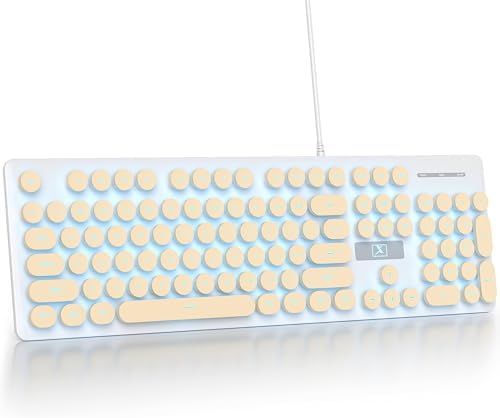 Elevate Your Workspace with the Fogruaden Retro Typewriter Keyboard – Stylish Full-Size USB Design, 104 Round Keys, and White LED Backlighting for Effortless Night Use, Ergonomic & Silent Membrane Keys Perfect for Windows PC and Laptops, Ideal for Writers and Gamers Seeking a Unique Vintage Touch