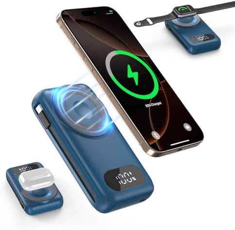 High-Capacity 26800 m Ah Magnetic Power Bank: All-in-One Wireless Charging Solution for i Phone 12-16, Samsung, Android & Air Pods – Fast and Efficient Multi-Device Charger with Built-in Cables & Apple Watch Compatibility (Stylish Blue) – Your Ultimate Travel Power Companion