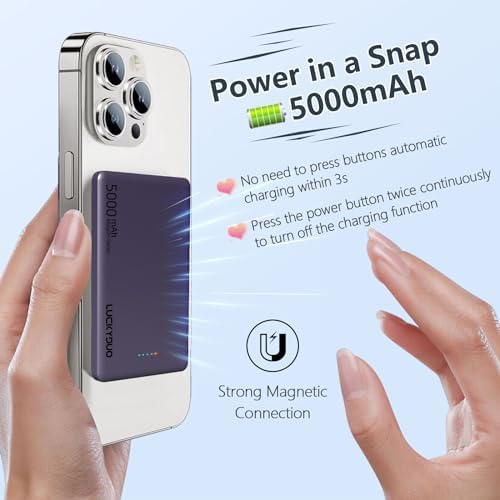 LUCKYDUO Ultra Slim Magnetic Power Bank – 5,000 m Ah Wireless Charger with 20 W Fast Charging for i Phone 16/15/14/13 Series – Compact & Portable Battery Pack for On-the-Go Convenience – USB-C Compatible, Effortless Charging Solution