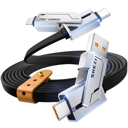 SHEZI 4-in-1 USB C Charging Cable | 240 W Fast Charging Solution for i Phone 16/15 & More | 5 FT Durable Flat Silicone Cord with Lightning, USB-C, USB-A Connectors | Versatile Multi-Device Charger for Home, Office & Travel | Enhanced Compatibility & Speed