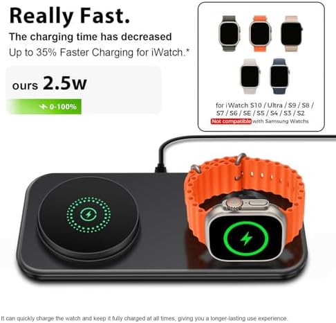 Dual Wireless Charging Station for Mag-Safe: 15 W Fast Charger Pad for i Phone 16/15/14/13/12/Pro/Max, Air Pods & Apple Watch Series 10/9/8/7/6/SE/5/4/3/Ultra 2 – Sleek Design with Enhanced Safety Features and Efficient Device Alignment