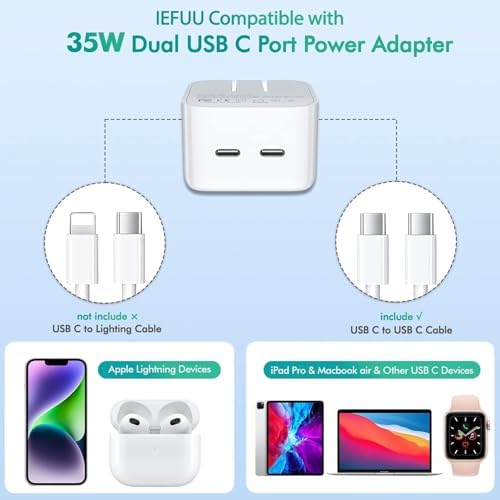 IEFUU 35 W Dual USB-C Compact Power Adapter – Fast Charging Wall Charger for i Phone 16, 15, 14, 13, 12 Pro Max, Plus, Mini & Air Pods – Lightweight Design with C to C Cable for i Pad & Enhanced USB-C Device Compatibility – Optimal Travel Charger Solution