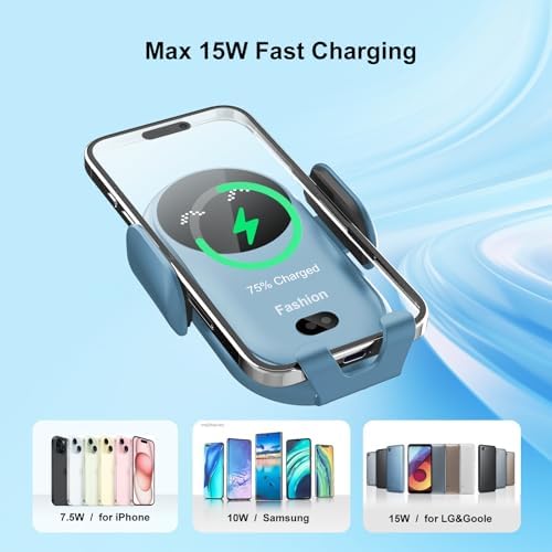 Enhanced Wireless Car Charger Mount with Automatic Clamping – MAX 15 W Qi Fast Charging for i Phone 16/15/14/13/12 Pro/Pro Max, Samsung S22/S21/S20/Note 20 – Effortless One-Handed Operation, Air Vent Installation, Stylish Blue Design for Seamless Driving Experience