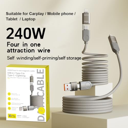 4-in-1 Supercharging Cable for Apple Devices – High-Speed USB-C & Type-C Charging Solution with Durable Spring Wire Design for Mac Book, i Pad, i Phone – Portable Multi-Functional Charging Accessory for Effortless Power Delivery