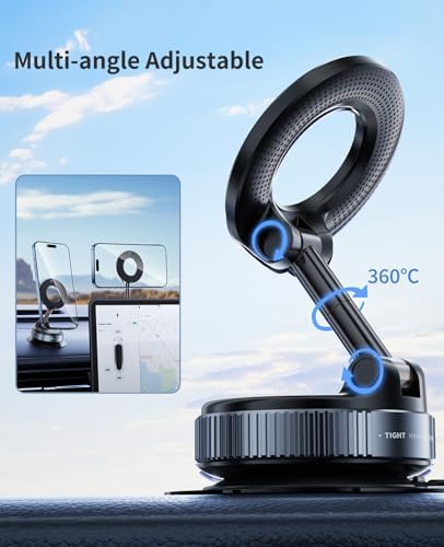 Suction Cup Phone Mount,Vacuum Magnetic Phone Holder for Car,360 Adjustable Vacuum Magnetic Phone Holder,Magnet Car Mount for All Smartphones & All Vehicle & Gym/Bathroom Mirror – Enhanced Compatibility and Speed