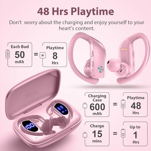 BMANI Bluetooth Wireless Earbuds – 48-Hour Playback Sport Headphones with LED Battery Display, Over-Ear Design & Secure Earhooks, Perfect for Active Lifestyles and Hands-Free Calls, Enhanced Compatibility for Seamless Device Pairing – Ideal for Workouts and Daily Commutes