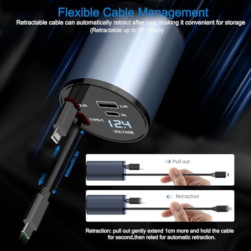 Ultimate 5-in-1 Retractable Car Charger – Fast Charging Dual-Socket Adapter with USB-A & USB-C Ports for i Phone 16/15, Galaxy, i Pad, GPS & Dash Cam – Tangle-Free Design for Multi-Device Power on the Go