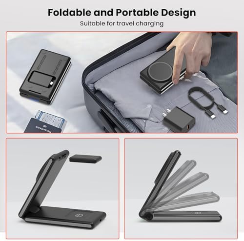 GEEKERA 3-in-1 Foldable Magnetic Wireless Charging Station – Ultimate Charging Hub for Fitbit Watches, i Phone 16/15/14/13/12 Pro Max & Air Pods – Portable Design with Rapid Charging & Magnetic Alignment for Effortless Device Management