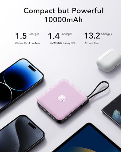 VRURC 10,000 m Ah USB C Portable Charger – Fast Charging Power Bank with Built-in Cable for i Phone 16/15/14, Galaxy S23/S22, Google Pixel & More – Lightweight Green Design for Ultimate Mobility and Reliability