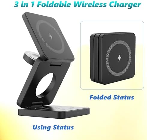 Revolutionary 3-in-1 Foldable Wireless Charging Station for Apple Devices – Ultimate i Phone 15, 14 Pro Max, 13, 12, Apple Watch 9-3, and Air Pods Pro Compatibility in a Compact Design (Black) – Streamlined Charging Efficiency and Portability for Tech Enthusiasts