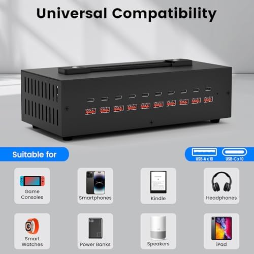 200 W USB-C Charging Hub with 20 Ports – Fast Charge Station for i Phone, i Pad, Kindle, and More – Multi-Device Power Solution with Enhanced Safety Features – Portable USB Wall Charger for Home and Office Use – Efficient Multi-Device Charging Station