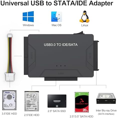 Universal USB 3.0 & Type C to SATA IDE Adapter for HDD/SSD – Ultimate Data Recovery and Transfer Solution with 12 V Power Supply for 2.5″ & 3.5″ Drives – Fast, Reliable, and Portable Data Management Tool for Tech Enthusiasts