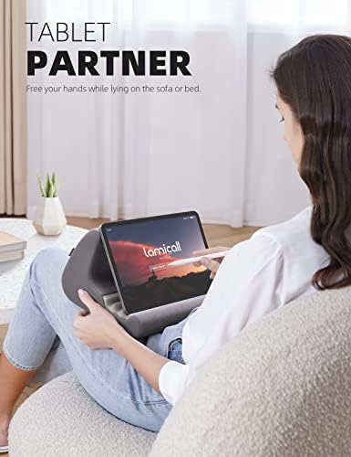 Lamicall Adjustable Tablet Pillow Holder – Soft Memory Foam Stand for Comfortable Bed or Lap Use, Featuring Integrated Stylus Mount and Accessory Pocket, Compatible with 4-13″ Devices Including i Pad Pro 12.9, Air, Mini, Kindle, and Galaxy Tab – Stylish Dark Red Design for Enhanced Viewing Experience and Improved Posture