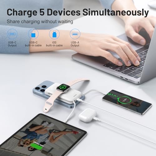 Magnetic Wireless Power Bank for Apple Devices – BLAVOR 10,000 m Ah Portable Charger with Built-in Cables and 20 W Fast Charging, Seamless Compatibility for i Phone 16/15/14/13/12 and Apple Watch, Integrated Stand for Hands-Free Use, Sleek White Design – Ultimate Convenience for On-the-Go Charging