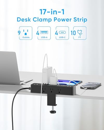 Revolutionize Your Workspace with ACOZVIN 17-in-1 Desk Clamp Power Strip – 40 W Fast Charging Hub, 9 AC Outlets & 8 USB Ports (4 USB-C) for Ultimate Device Connectivity, 10 ft Flat Plug Surge Protector Perfect for Home Office Efficiency and Safety