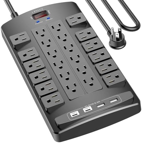 Ultimate QINLIANF Surge Protector Power Strip – 6 Ft Heavy-Duty Extension Cord with 24 Versatile Outlets and 4 High-Speed USB Ports (2 USB-C), 1875 W/15 A Capacity, 4100 J Surge Protection for Home, Office, and Dorm Use – ETL Certified for Maximum Safety and Reliability