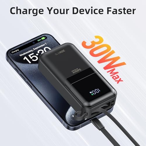 Ultimate 30 W Fast Charging Mini Power Bank for i Phone and Samsung – 10,000 m Ah Portable Charger with Built-In USB-C & Lightning Cables, LED Battery Indicator – Perfect Travel Companion for On-the-Go Charging