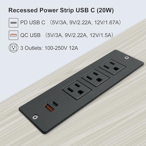 Enhance Your Charging Setup with the USB C Conference Recessed Power Strip – 20 W Fast Charging Solution with 3 AC Outlets & 2 USB Ports (PD 20 W & QC 18 W) – Space-Saving Mountable Design & 10 ft Extension Cord for Convenient Access in Furniture Integration – Perfect for Home Offices, Nightstands & More