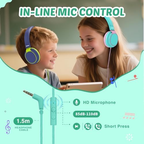 MIDOLA Kids Over-Ear Headphones: Safe Audio Experience with Noise Limitation, Foldable & Travel-Friendly Design, Custom Volume Control (85/110 d B), Built-In Microphone, and AUX Compatibility for School, Gaming, and Family Adventures in Sleek Black