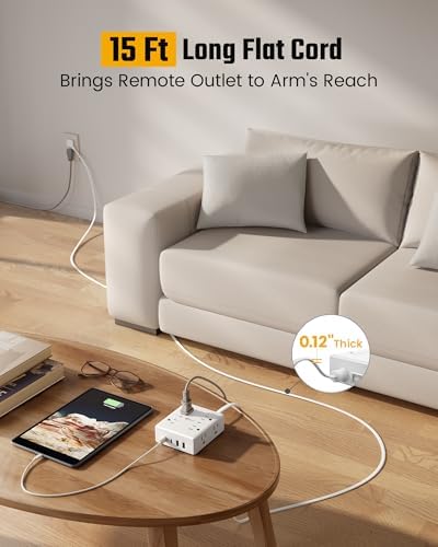15 Ft Surge Protector Power Strip with 8 Outlets & 4 USB Ports – Wall Mountable Flat Plug Charging Station for Home, Office, and Dorm Room – High-Speed USB-C Compatible Extension Cord for Ultimate Device Connectivity and Safety
