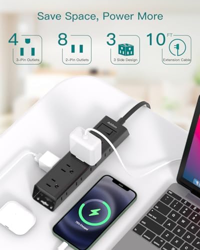 Ultra-Thin Flat Plug Power Strip with 12 AC Outlets – Addtam 5-Ft Surge Protector for Desk and Wall Mount – Multi-Device Charging Station for Home and Office – 1050 Joules Protection, Space-Saving Design for Tidy Workspaces and Enhanced Connectivity