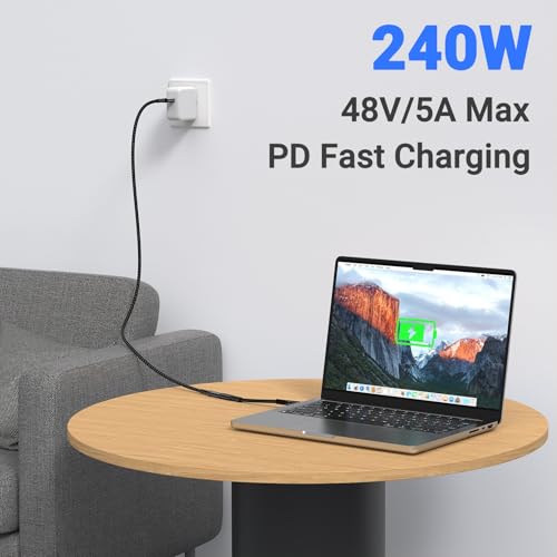 Innovative L-Shaped USB C Extension Cable (2 Pack, 6.6 Ft) – 240 W Power Delivery, 40 Gbps High-Speed Data Transfer, Durable Nylon Braided Design for i Phone 16, i Pad, Mac Book & Mag Safe – Optimal Flexibility for Tightly Spaced Connections