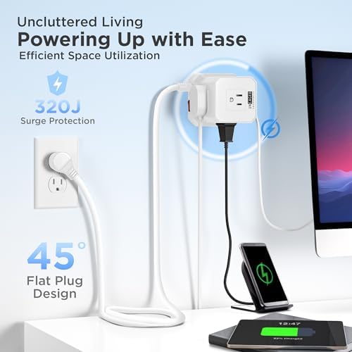 Uncaged Ergonomics Cube Power Strip with 10 ft Extension Cord – Surge Protected Charging Station Featuring 5 AC Outlets, 3 USB Charging Ports (1 USB-C Fast Charger) and On/Off Switch for Ultimate Convenience and Safety