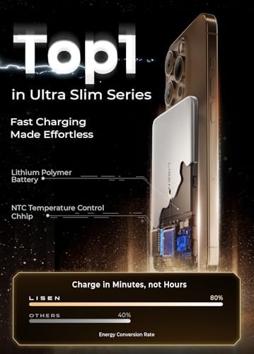 LISEN 0.3-Inch Ultra Slim Mag Safe Portable Charger for i Phone – 5000 m Ah Wireless Battery Pack for Effortless Travel Charging – Essential Magnetic Power Bank Compatible with i Phone 16 Pro Max/15/14/13/12 – Fast Charging, Lightweight Design for On-the-Go Convenience