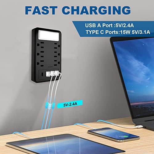 ZHOORQI 6-Outlet Multi Plug Extender with USB-C Fast Charging – Compact Surge Protector for Home, Office & Travel – Versatile Wall Charger with Enhanced Safety Features and Sleek Design for Effortless Device Connectivity