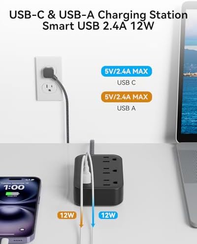 Compact PD 20 W USB C Travel Power Strip with Flat Plug Design, 3 AC Outlets & 3 USB Ports for Rapid Charging – Ideal Cruise Ship Essential & Versatile Charging Station for i Pad Pro, i Phone, Samsung Devices – 3 FT Short Extension Cord for Convenient Use